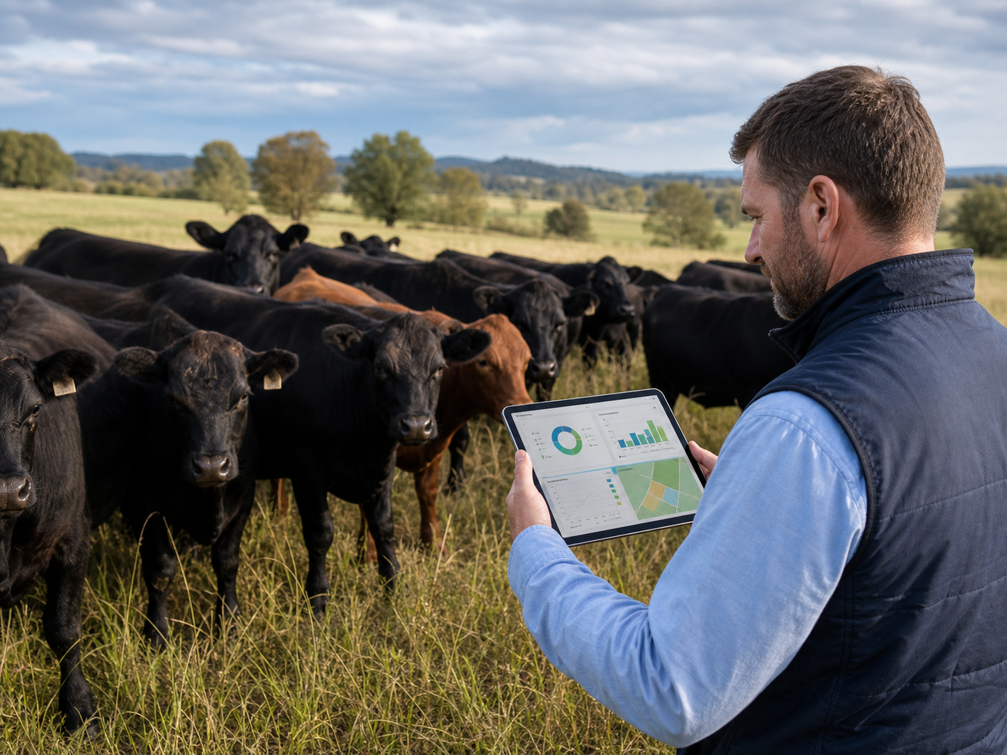 Livestock manager using a tablet to understand herd information